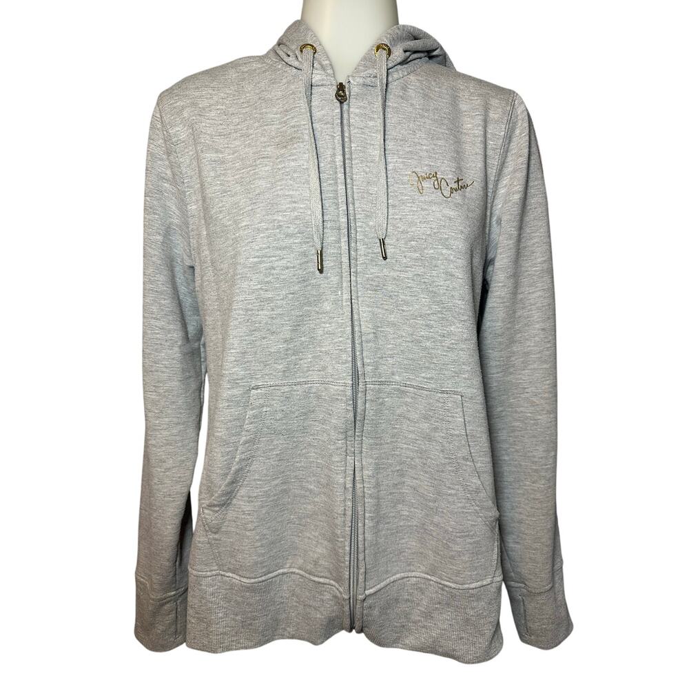 Juicy Couture Women’s Large Zip Up Hoodie Sweatshirt Sparkly Striped Sleeves - Picture 2 of 8